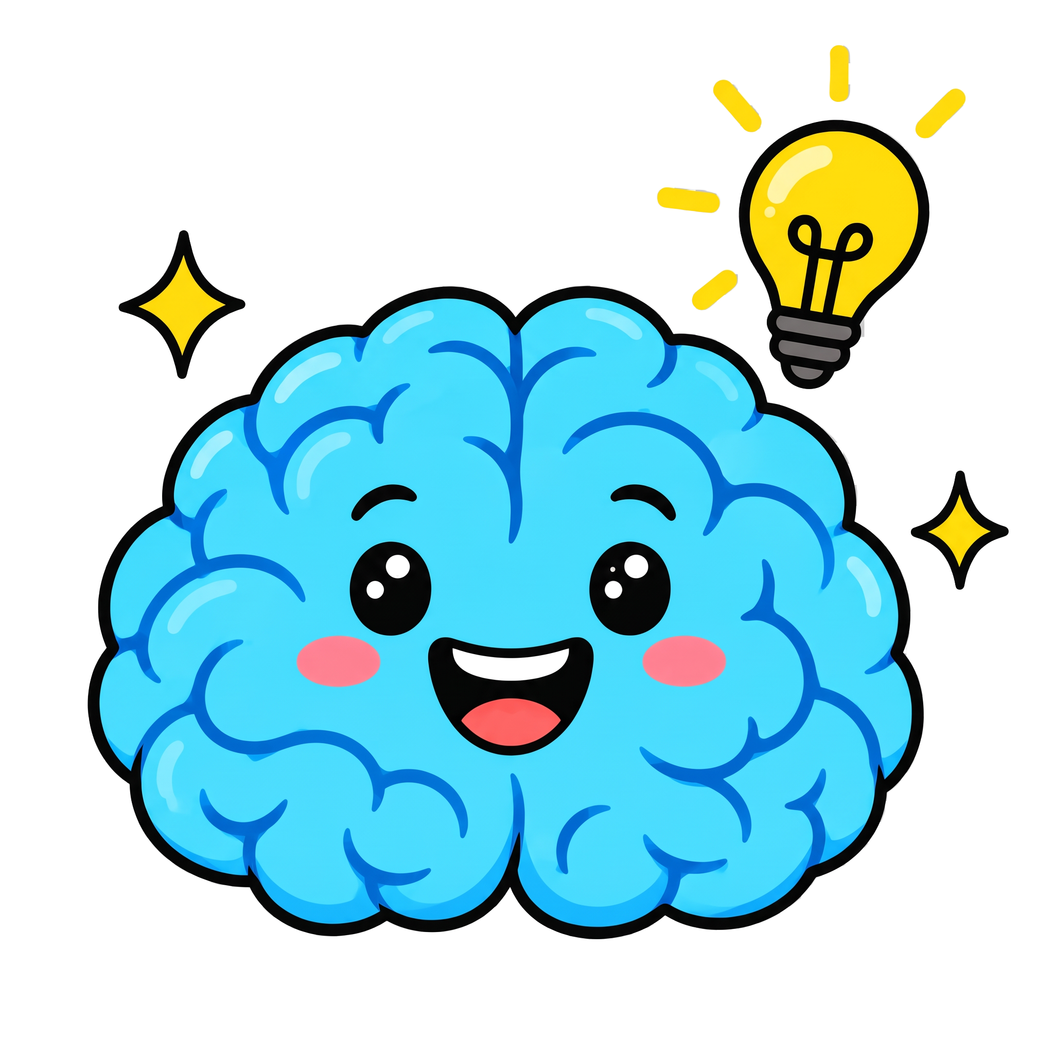 Cérebro cartoon sorrindo, com lâmpada de ideias e estrelinhas